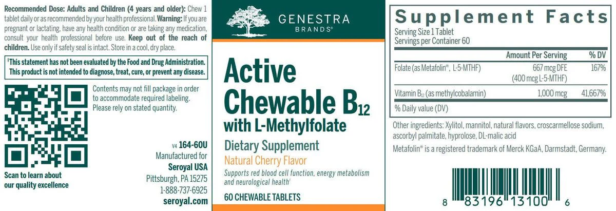 Active Chewable B12 with L-Methylfolate 60Chewable TabletsCherry - Image 3
