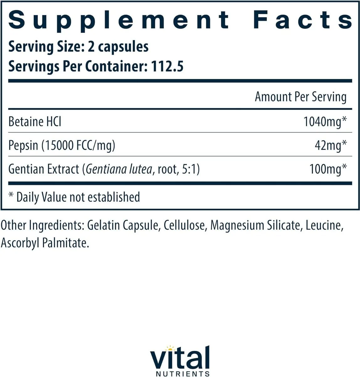 Betaine HCL Pepsin & Gentian Root Extract 225 Capsules - Image 2