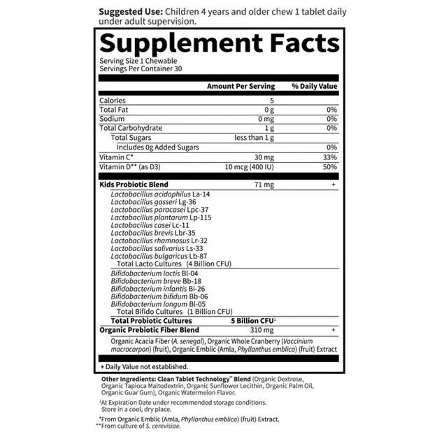 Dr. Formulated Probiotics Organic Kids Chewables 5 Billion 30 Chewables Watermelon - Image 2