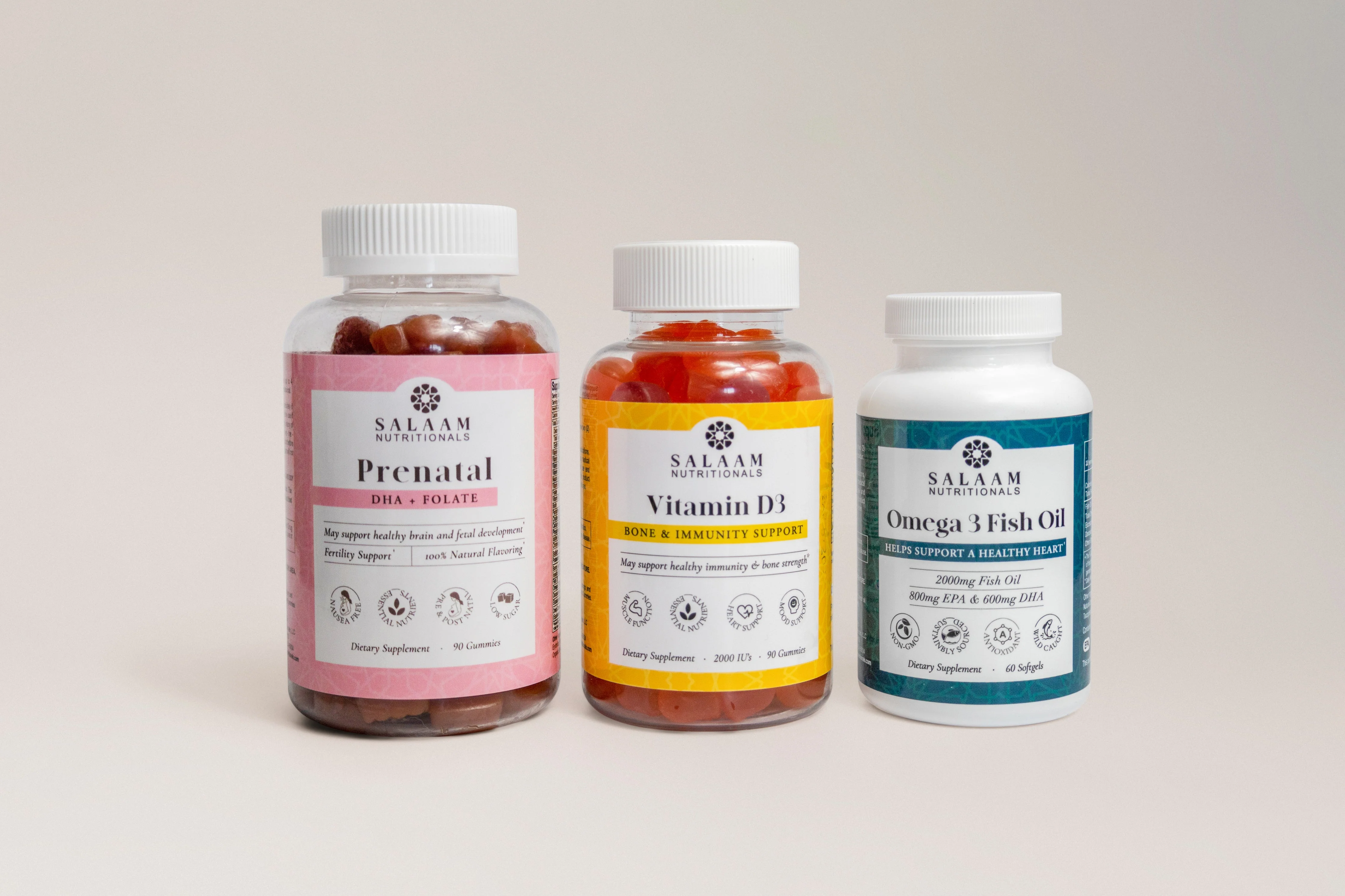 Halal Prenatal Bundle: Vitamin D3, Omega 3 Fish Oil & Prenatal Gummies (3 Bottles)