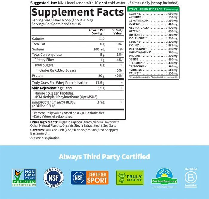 Sport Grass Fed Whey+ Skin Protein (457.5 G) Powder Vanilla - Image 6