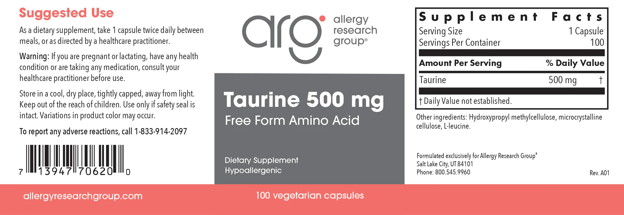 Taurine 500 MG 100Veggie Caps - Image 2